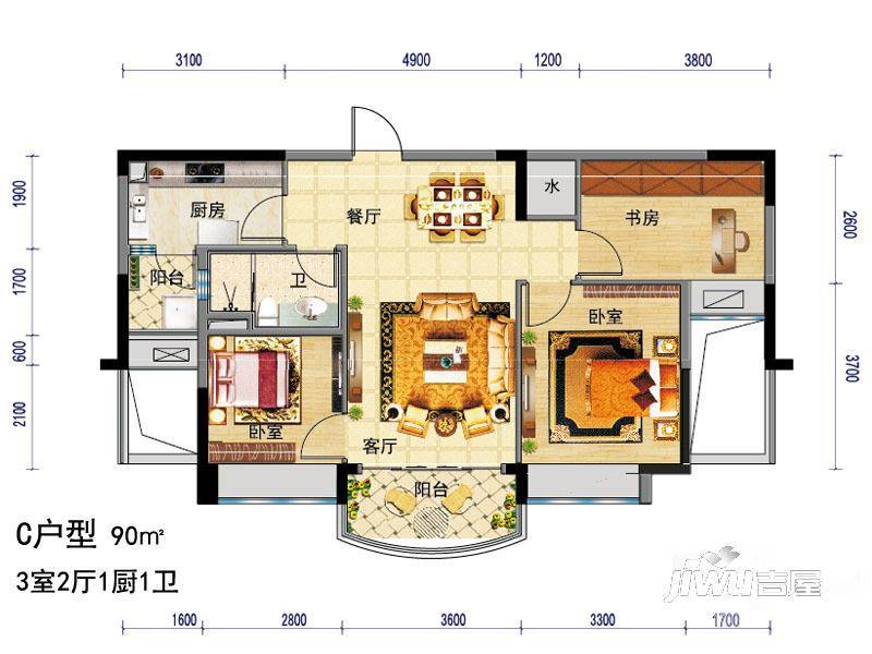 碧桂园·清江明珠3室2厅1卫90㎡户型图