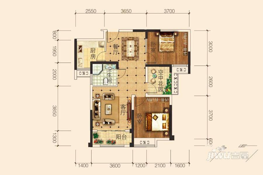 东南岸住宅小区3室2厅1卫85.6㎡户型图