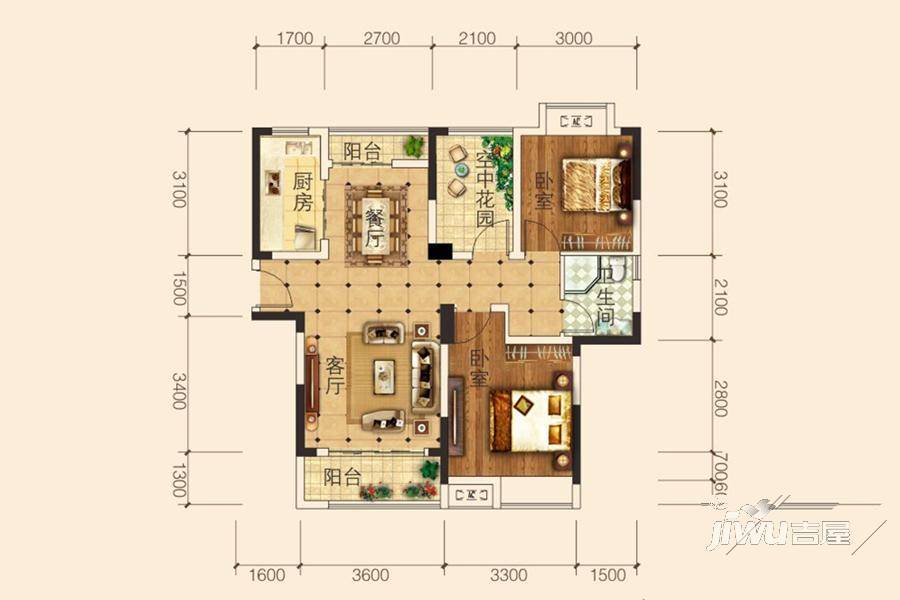 东南岸住宅小区3室2厅1卫88.5㎡户型图