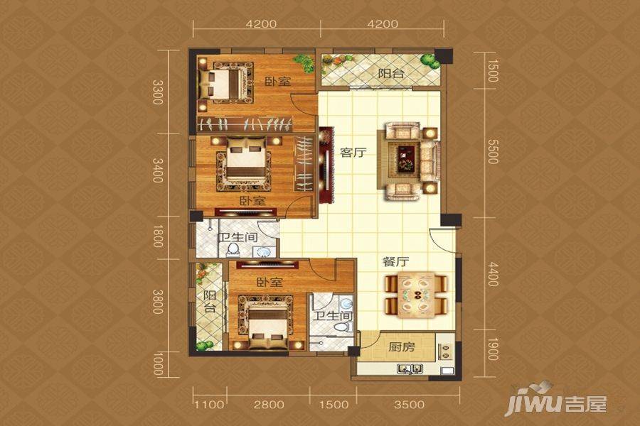 平湖港湾3室2厅2卫136㎡户型图