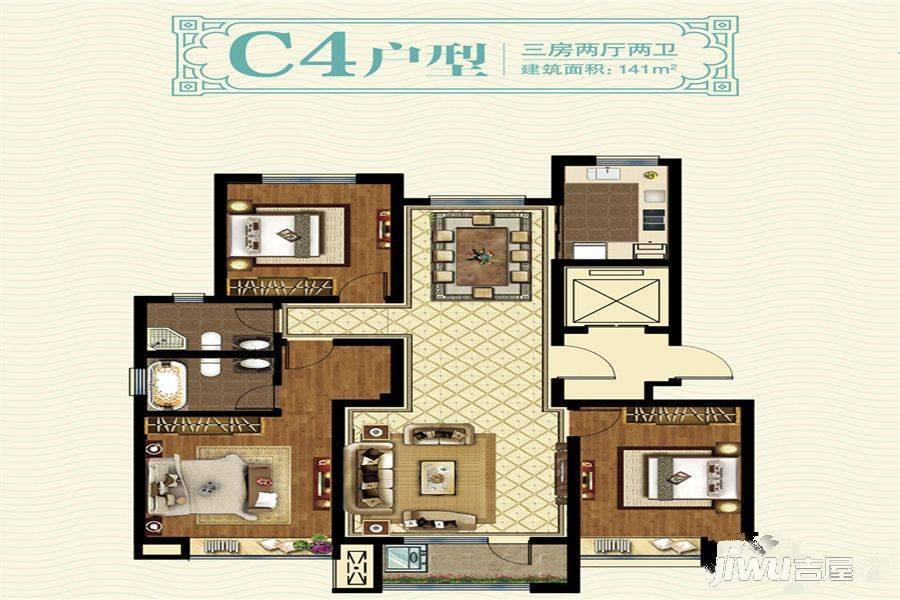 众成秋月华庭3室2厅2卫141㎡户型图