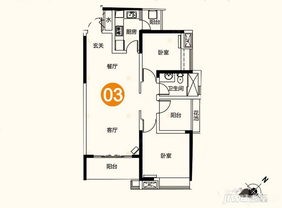 中海金沙水岸3室2厅1卫90㎡户型图