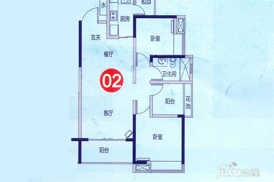 中海金沙水岸3室2厅2卫90㎡户型图