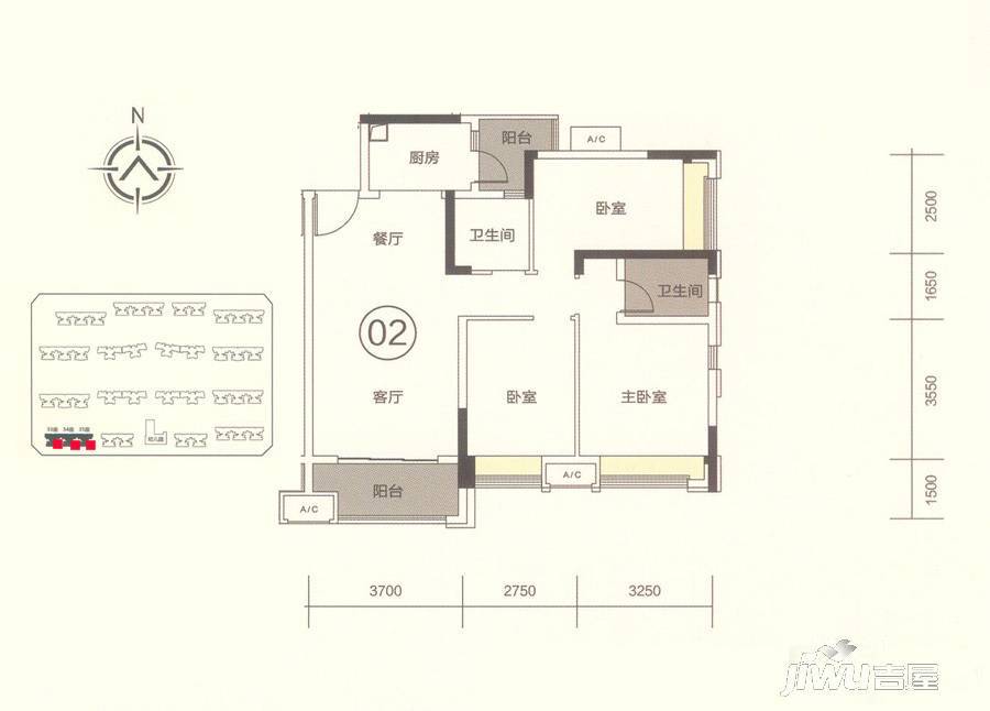 招商依云华府3室2厅2卫90㎡户型图