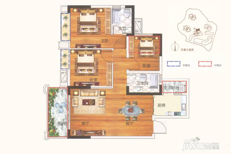 领地·海纳豪苑3室2厅2卫89㎡户型图