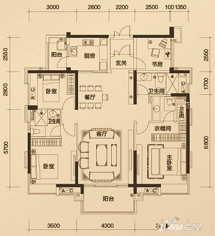 招商公园18724室2厅3卫141㎡户型图