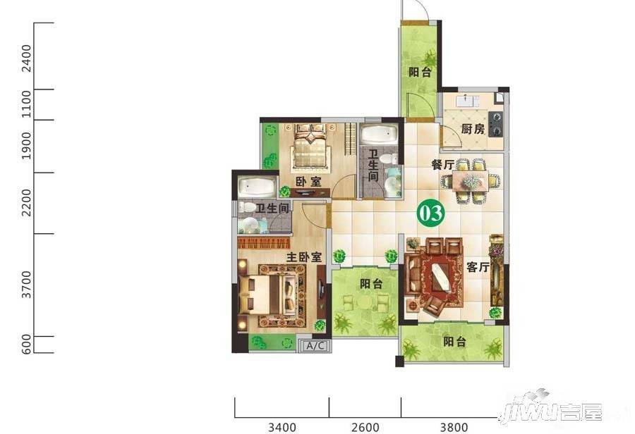 万盛翠林豪庭3室2厅2卫92㎡户型图