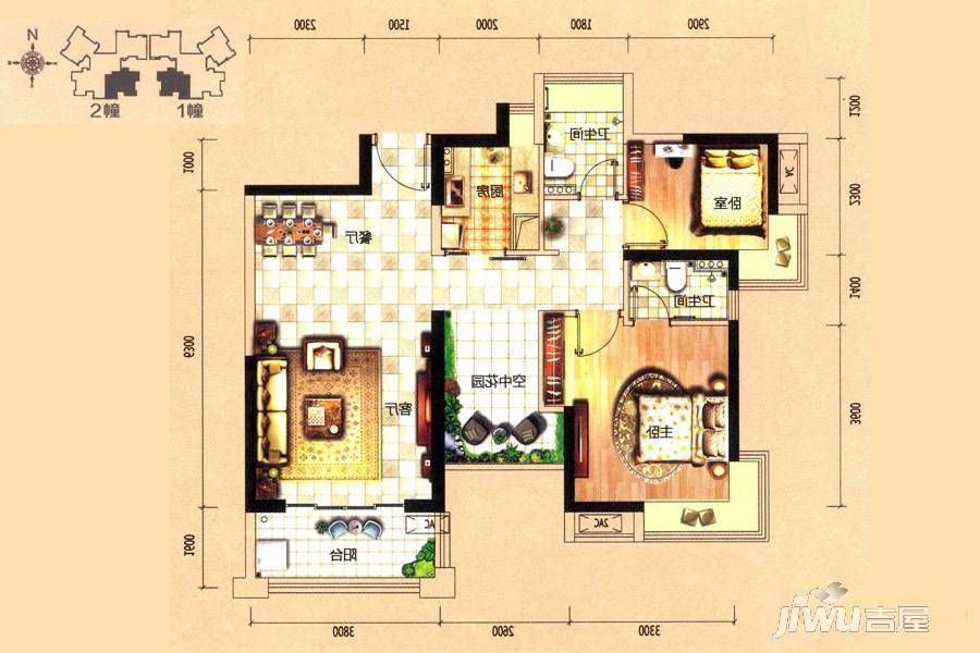 鸿晖依岸康堤3室2厅2卫89㎡户型图