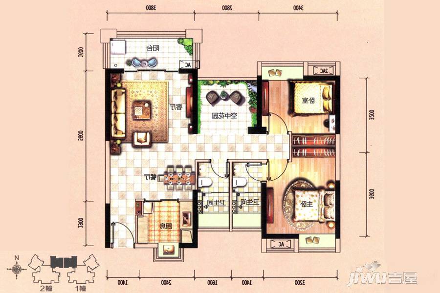 鸿晖依岸康堤3室2厅2卫89㎡户型图