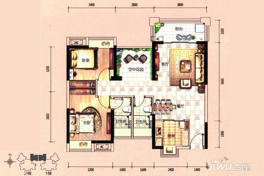 鸿晖依岸康堤3室2厅2卫89㎡户型图