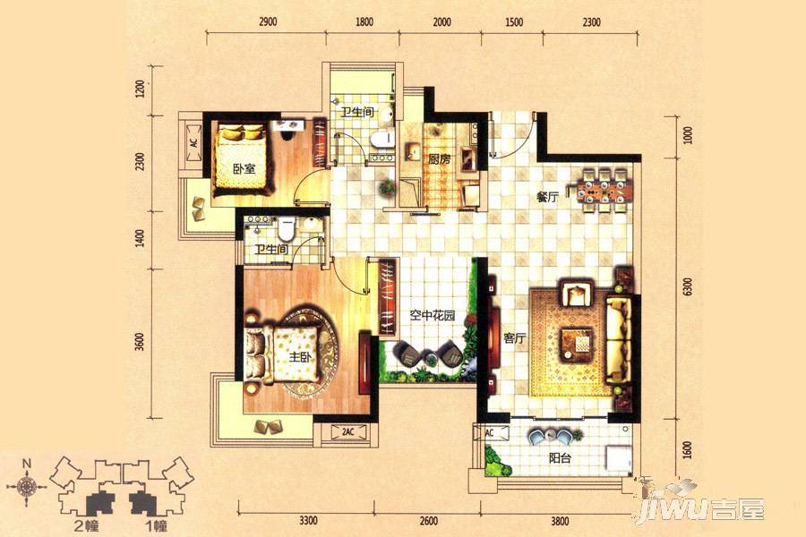 鸿晖依岸康堤3室2厅2卫89㎡户型图