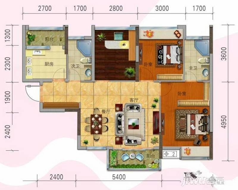 黄金花园黄金苑3室2厅2卫90㎡户型图