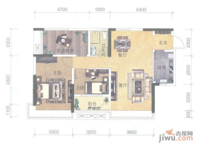 万科金色溪谷花园3室2厅1卫87㎡户型图