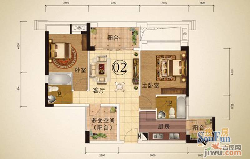 领地海纳公馆2室2厅2卫83.5㎡户型图