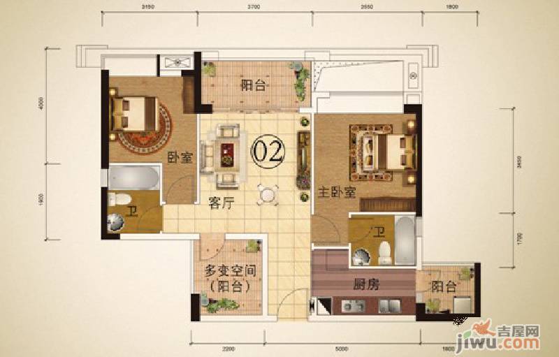 领地海纳公馆2室2厅2卫83.5㎡户型图