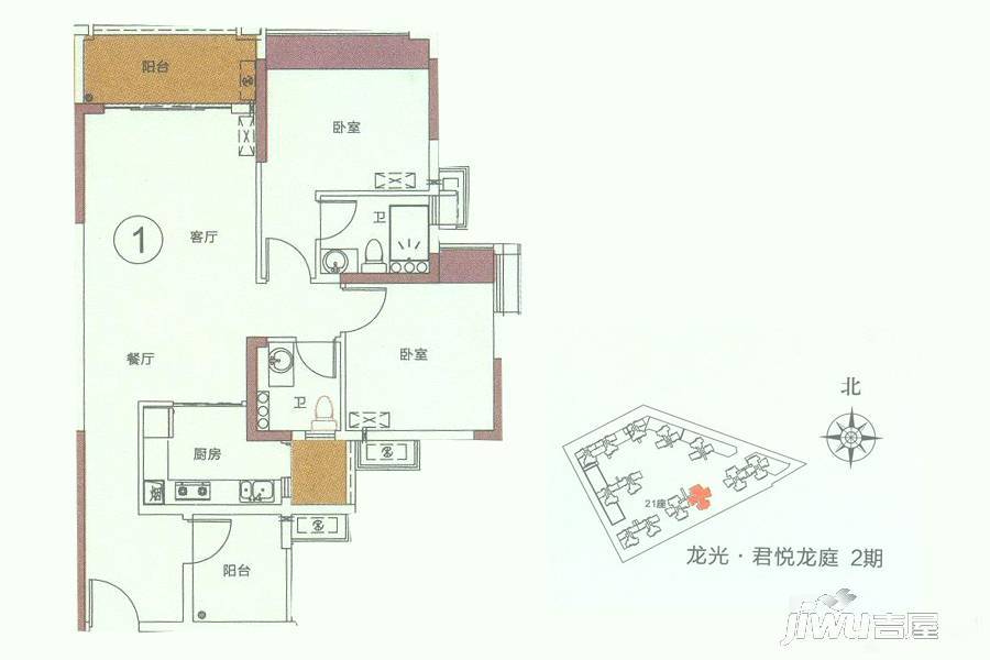 龙光·君悦龙庭3室2厅2卫88㎡户型图