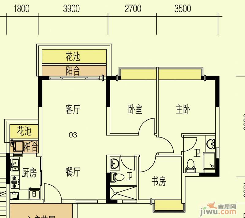 东海国际花园3室2厅2卫89.7㎡户型图