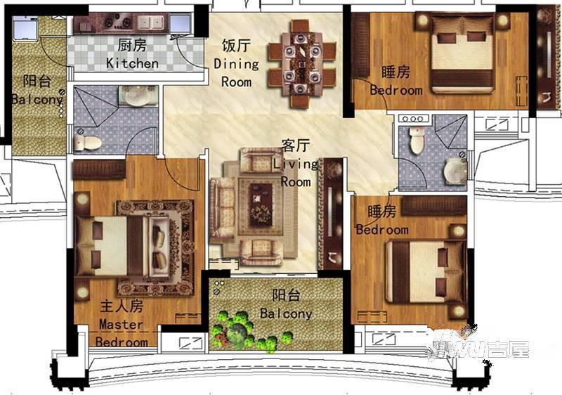 佛山雅居乐花园3室2厅2卫130.2㎡户型图