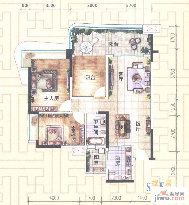 顺德雅居乐花园2室2厅1卫108㎡户型图