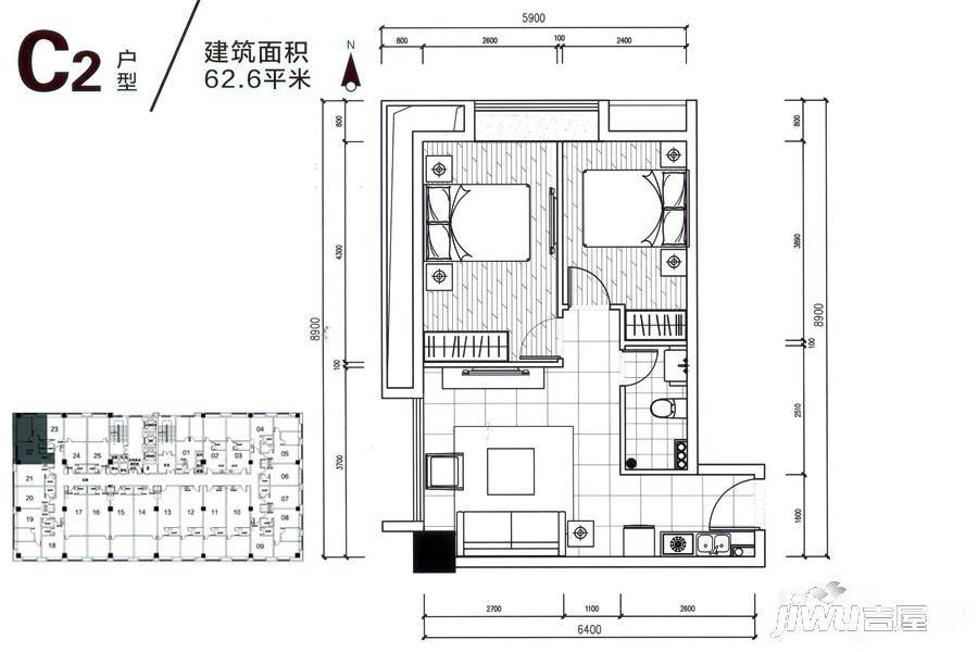 广佛电商城2室1厅1卫63㎡户型图