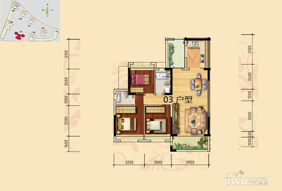 兆丰豪庭3室2厅2卫96.7㎡户型图