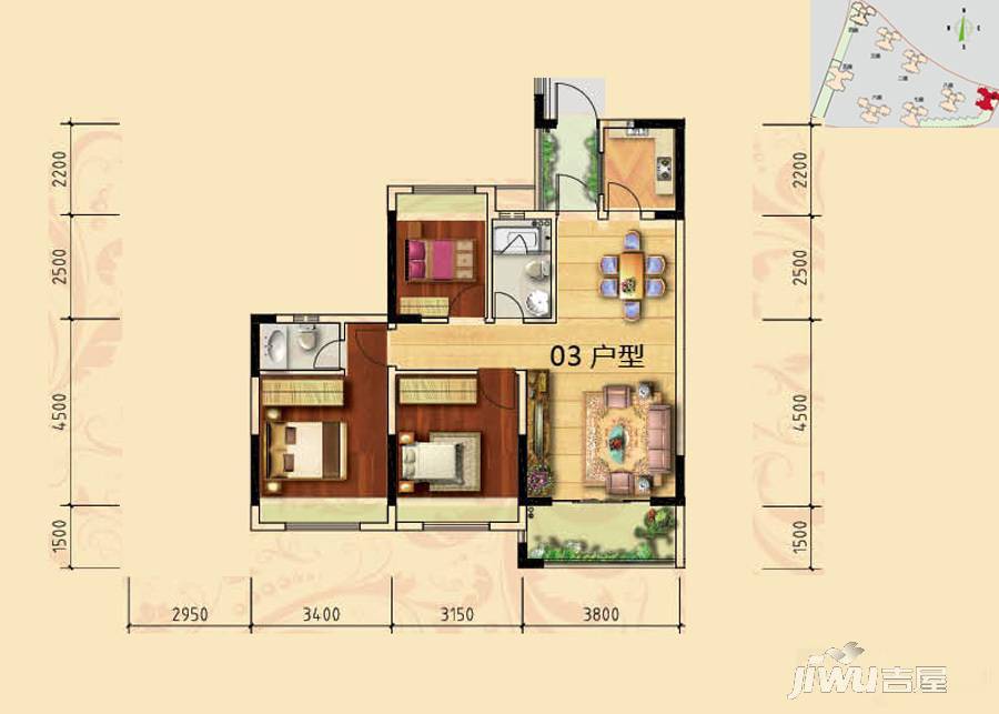 兆丰豪庭3室2厅2卫90.7㎡户型图