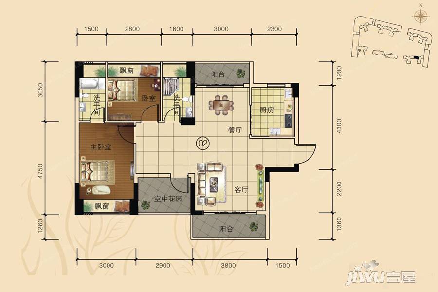 华福·城南1号3室2厅2卫93.1㎡户型图