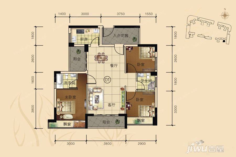 华福·城南1号3室2厅2卫94.3㎡户型图