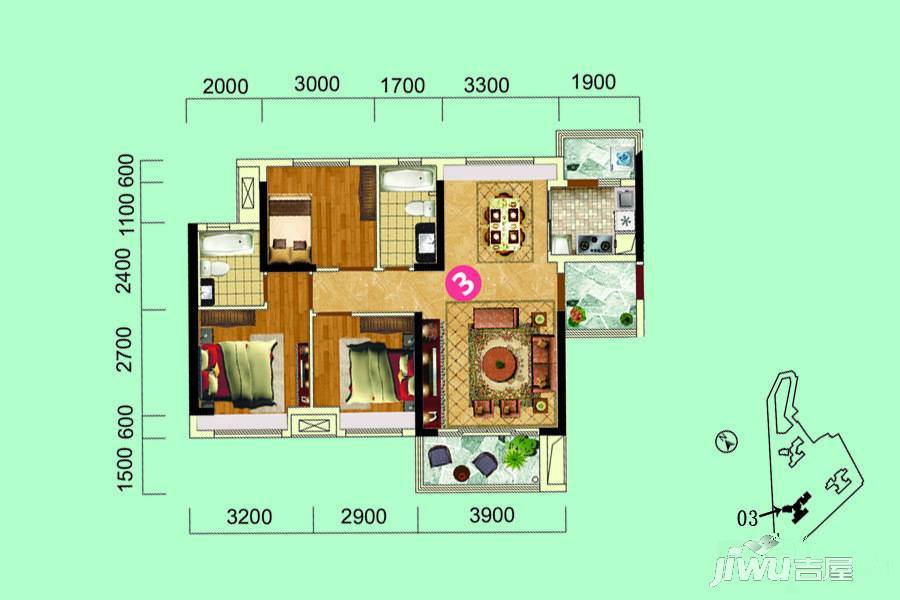 长信公馆3室2厅2卫88㎡户型图