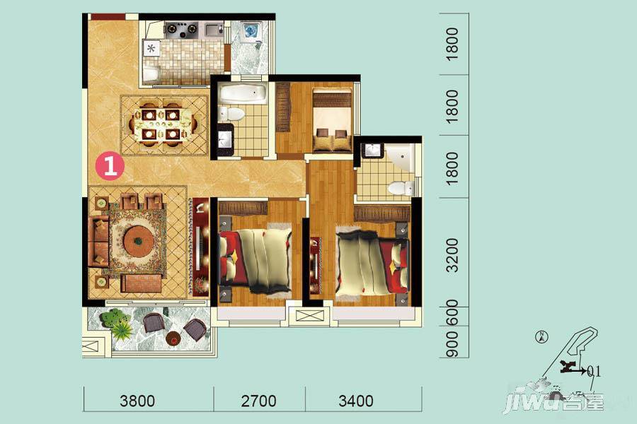 长信公馆3室2厅2卫88㎡户型图