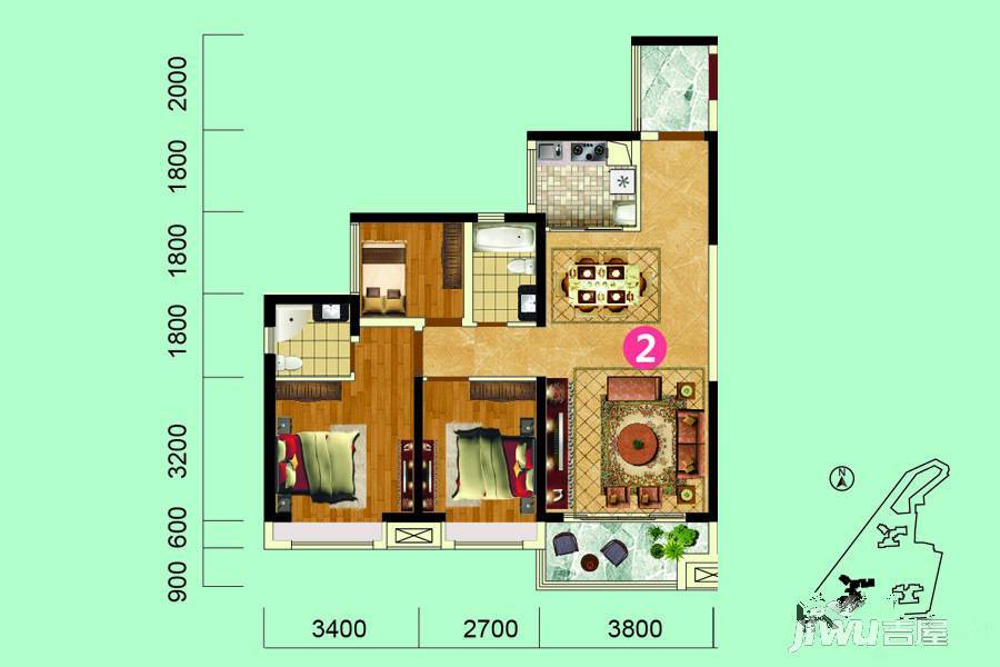 长信公馆3室2厅2卫89㎡户型图