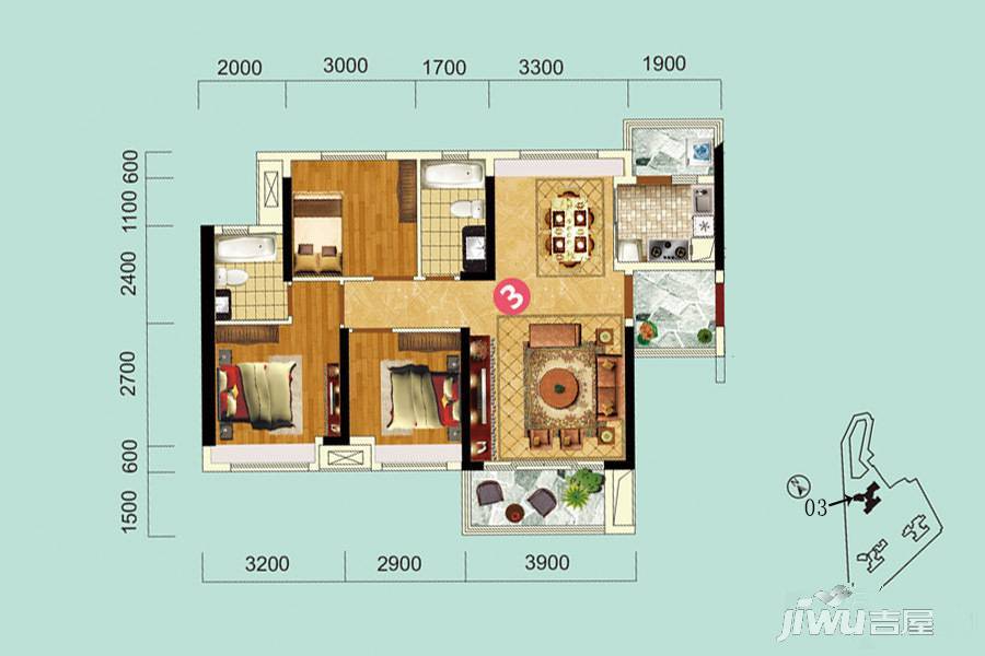 长信公馆3室2厅2卫89㎡户型图