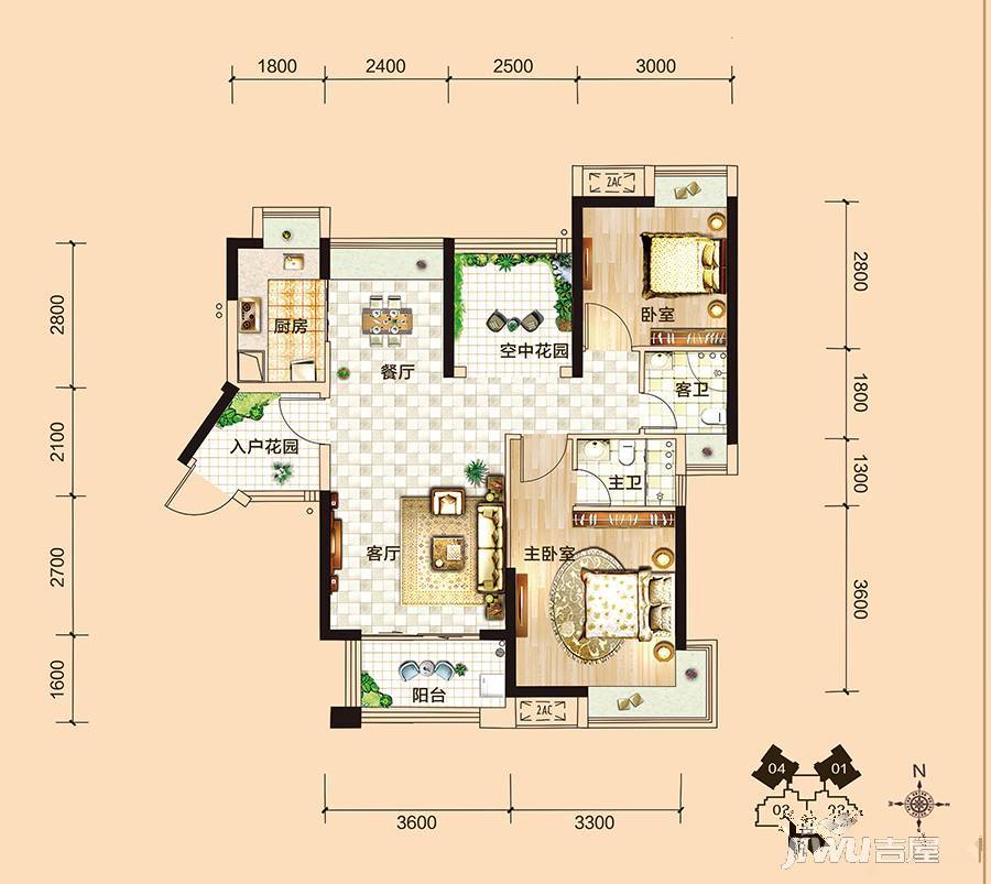 鸿晖依岸康堤3室2厅2卫85㎡户型图