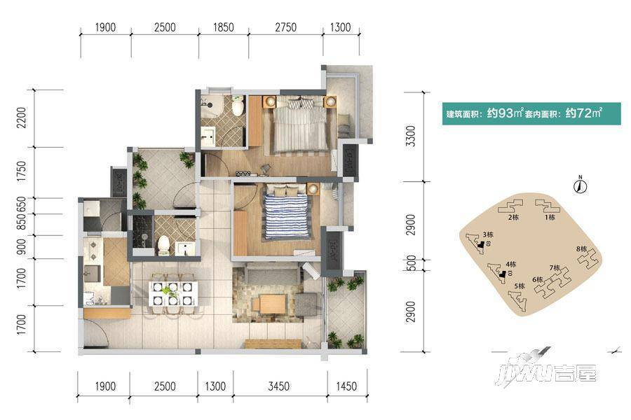 保利碧桂园悦公馆3室2厅2卫93㎡户型图