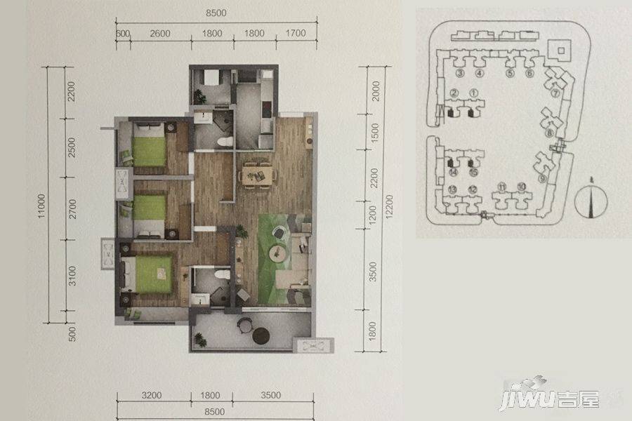 保利海德公园3室2厅2卫95㎡户型图