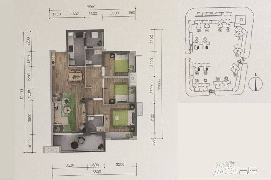 保利海德公园3室2厅2卫95㎡户型图