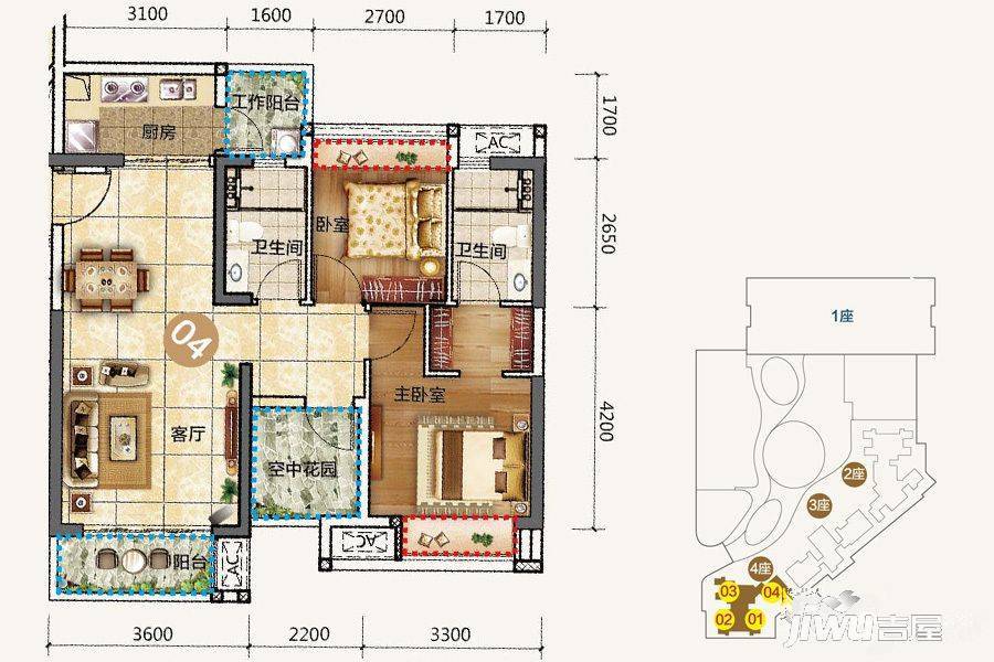 盈天广场3室2厅2卫91.4㎡户型图