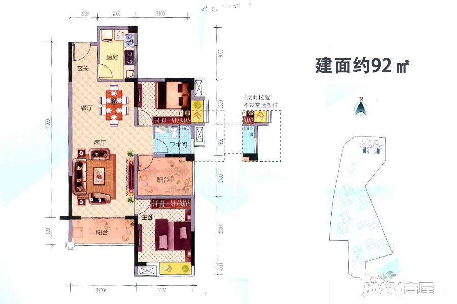 鸿业畔湖居3室2厅1卫92㎡户型图