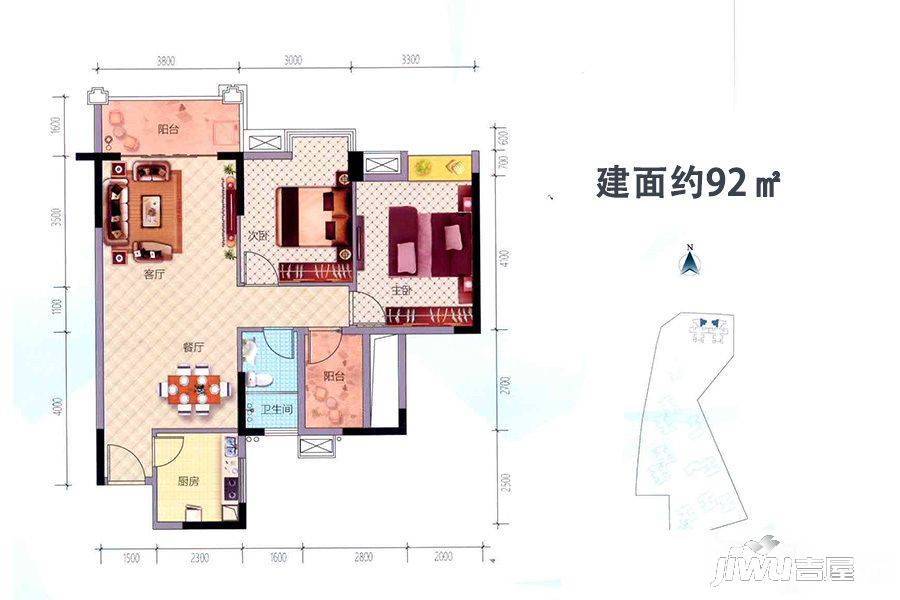 鸿业畔湖居3室2厅1卫92㎡户型图