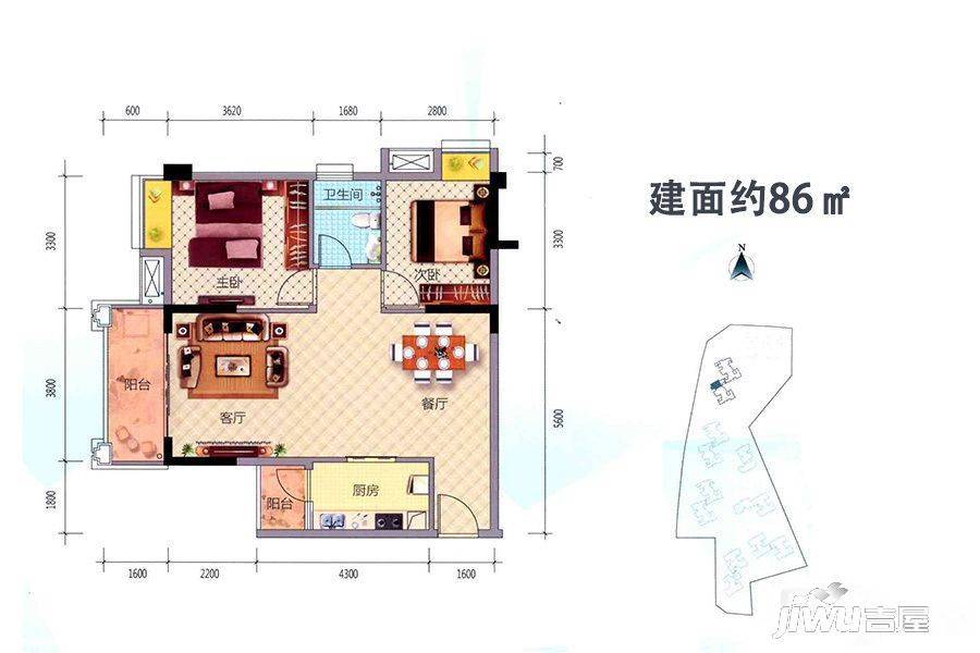 鸿业畔湖居2室2厅1卫86㎡户型图