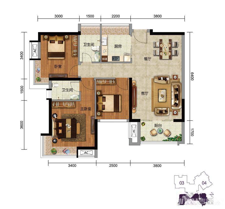 松晖名苑3室2厅2卫90㎡户型图