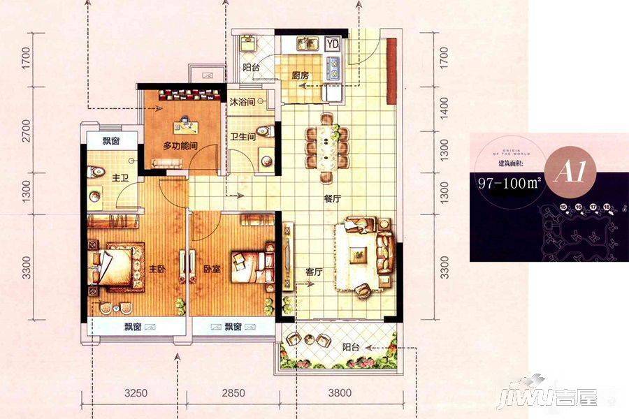 龙光玖龙湾3室2厅2卫98㎡户型图