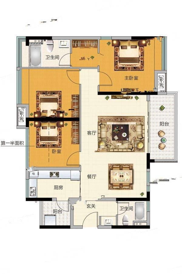 顺德华侨城天鹅湖3室2厅2卫118㎡户型图