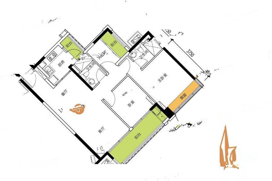 中海万锦世家3室2厅2卫100㎡户型图