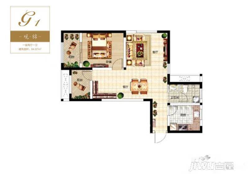 龙湖锦艺城1室2厅1卫84.9㎡户型图