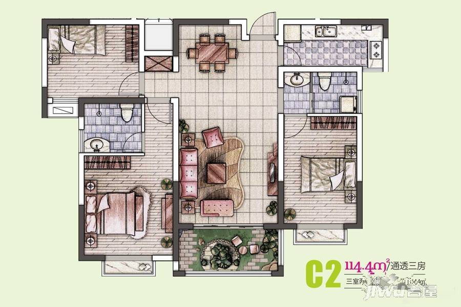 新嘉苑3室2厅2卫114.4㎡户型图