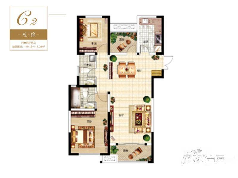 龙湖锦艺城2室2厅2卫110.2㎡户型图