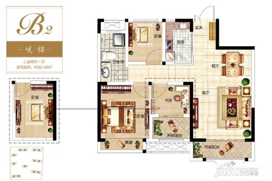 龙湖锦艺城3室2厅1卫88㎡户型图