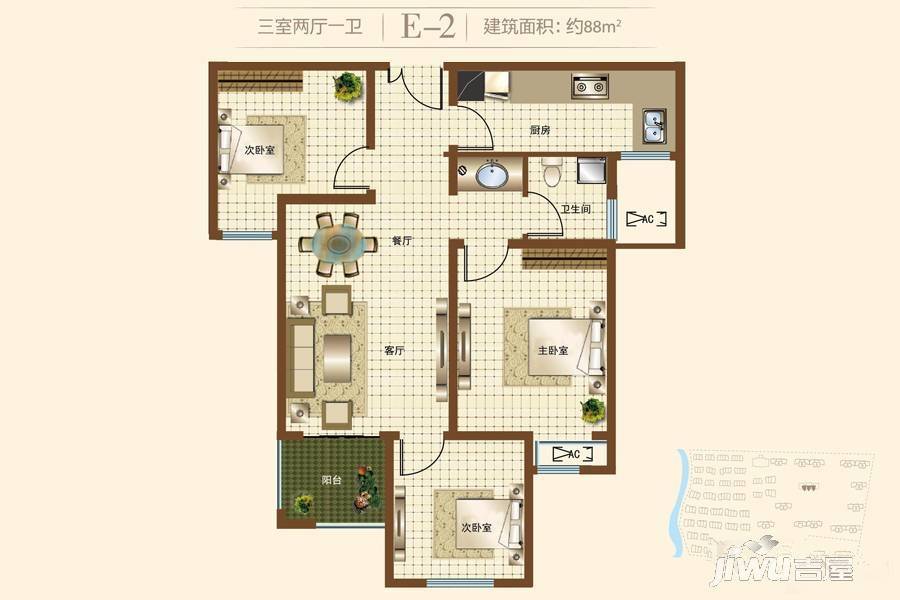 华启唐宁1號3室2厅1卫88㎡户型图