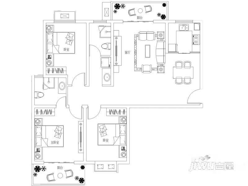 龙湖润泽花园3室2厅2卫123.3㎡户型图